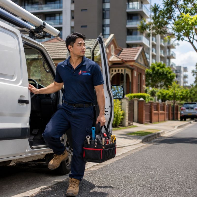 Apex plumber arriving at an Auburn home