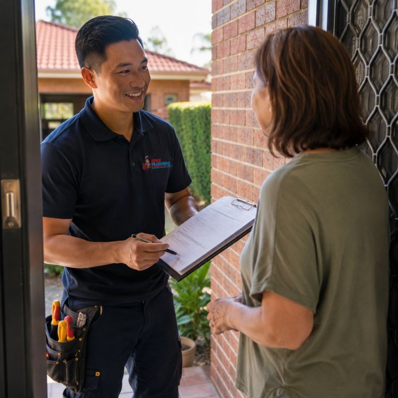 Plumber setting out a fixed price with an Auburn homeowner