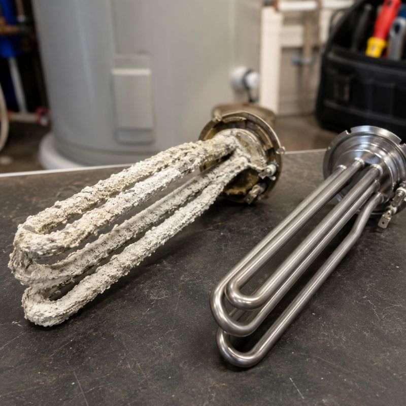 Heavily scaled hot water element removed from an Auburn unit