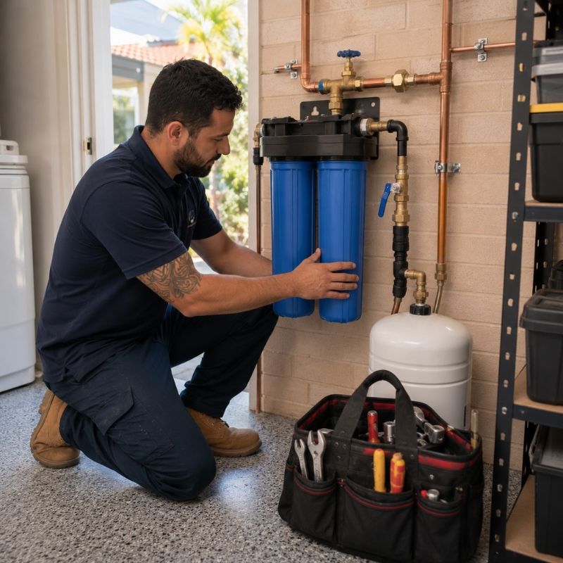 Apex plumber installing a whole-house water filter at an Auburn home