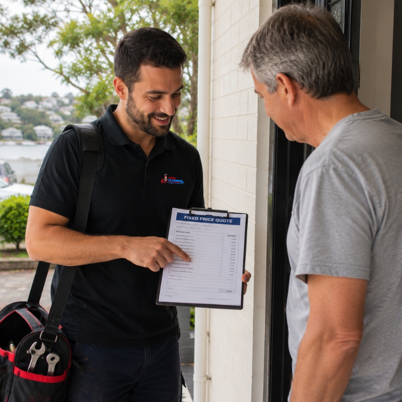 Plumber explaining a fixed price to a Bayside homeowner