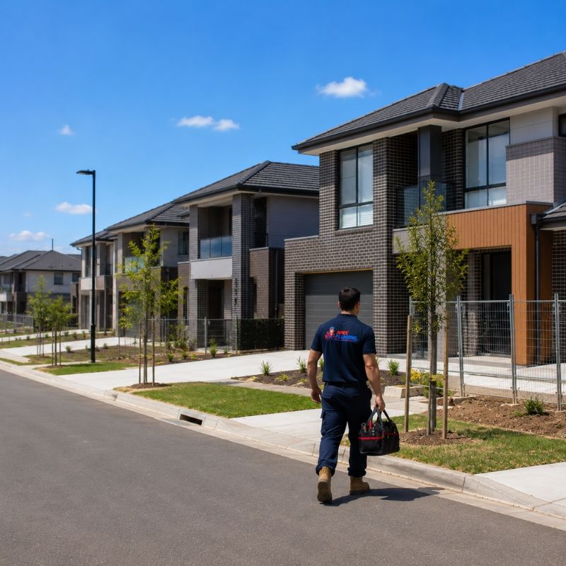 Apex Plumbing van at a Blacktown new-release estate