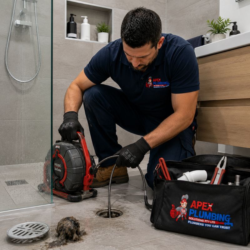 Plumber clearing a blocked shower drain waste in a Sydney bathroom