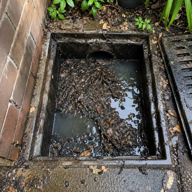 Silted, overflowing gully pit at a Canterbury property