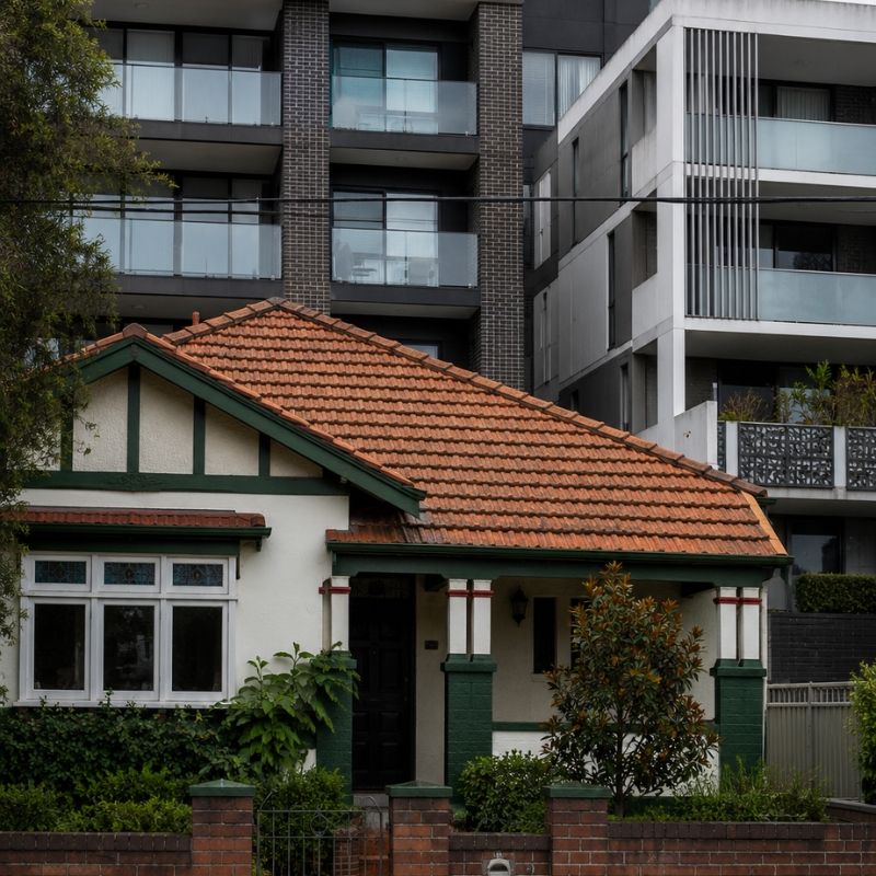 Californian bungalow beside newer unit blocks on a Canterbury street