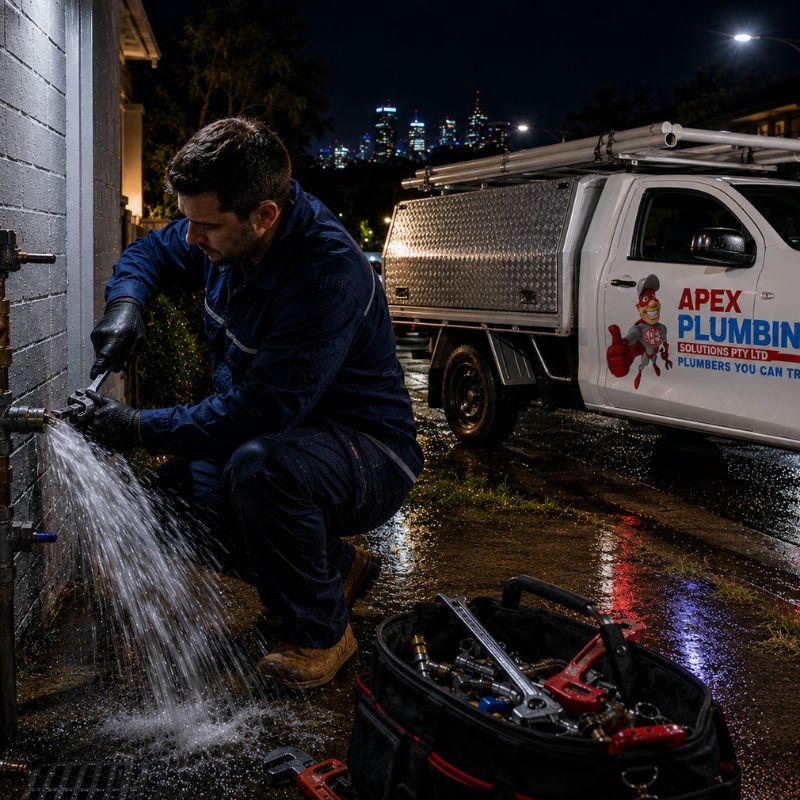 Apex emergency plumber attending a burst pipe callout in Sydney at night