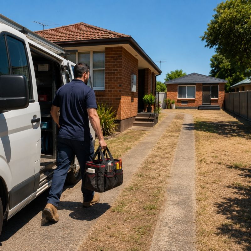 Apex plumber arriving at a Fairfield brick home