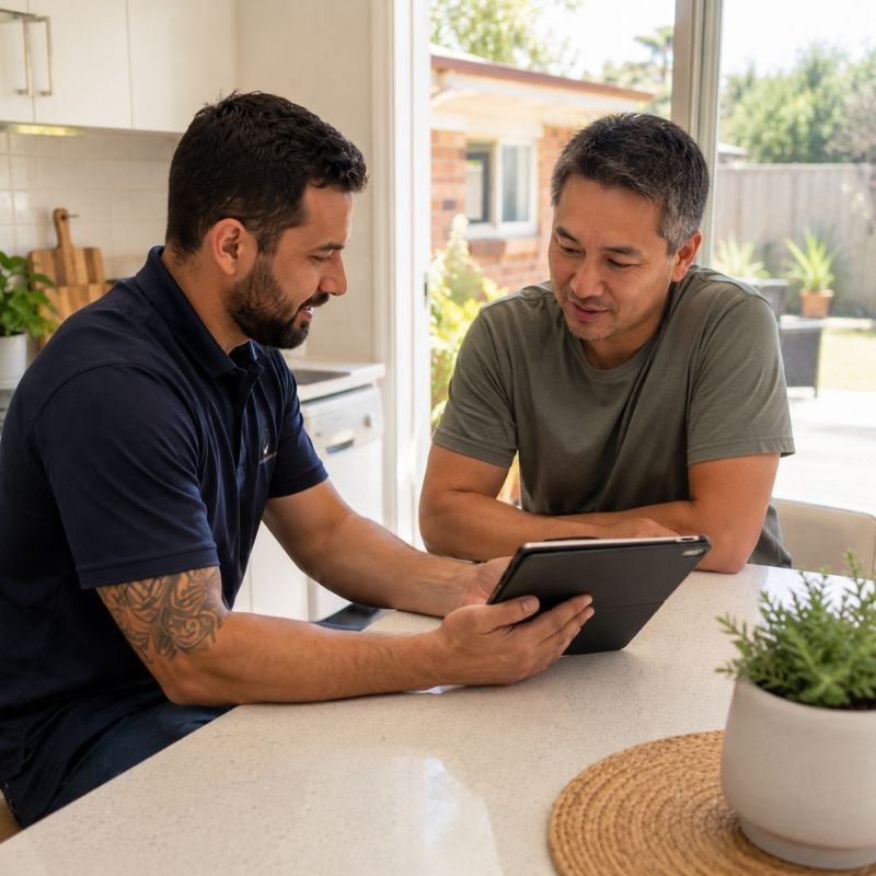 Plumber going through a fixed quote with a Fairfield homeowner