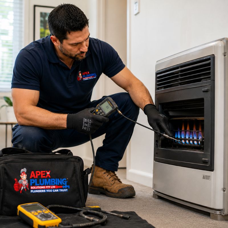 Gasfitter testing a gas heater flame and combustion during a safety check