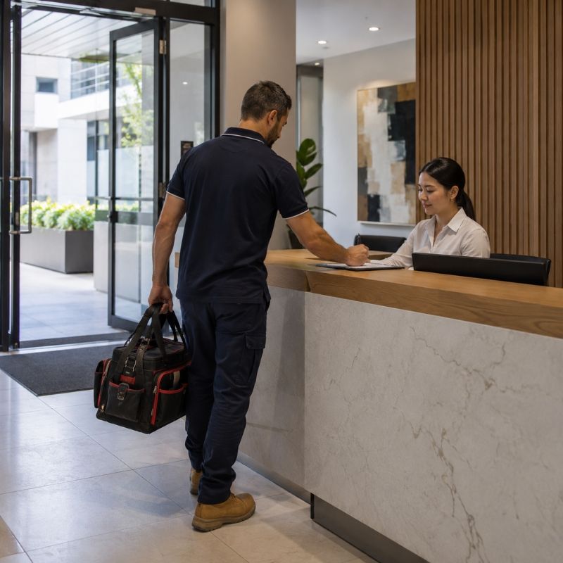 Apex plumber arriving at a Hurstville apartment building