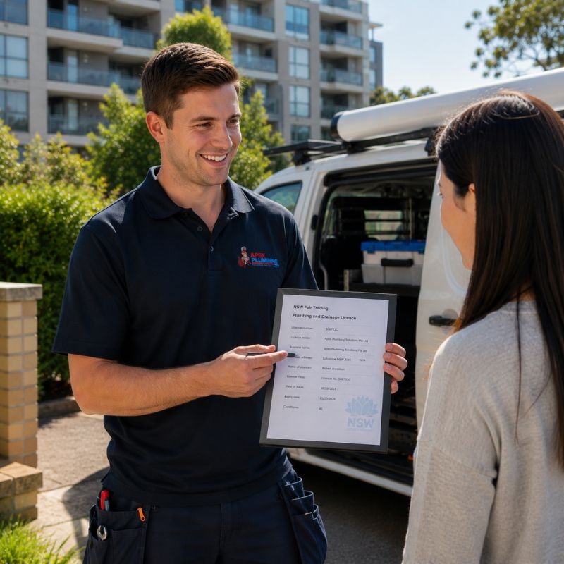 Apex plumber presenting licence details at a Hurstville job