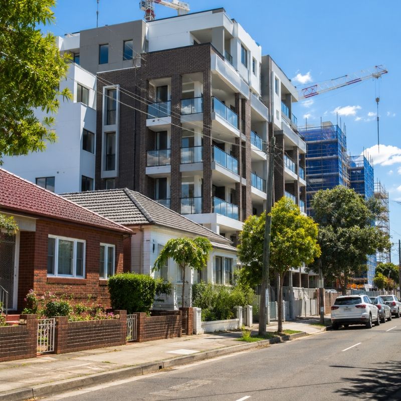 New apartment blocks rising beside older homes on an Auburn street