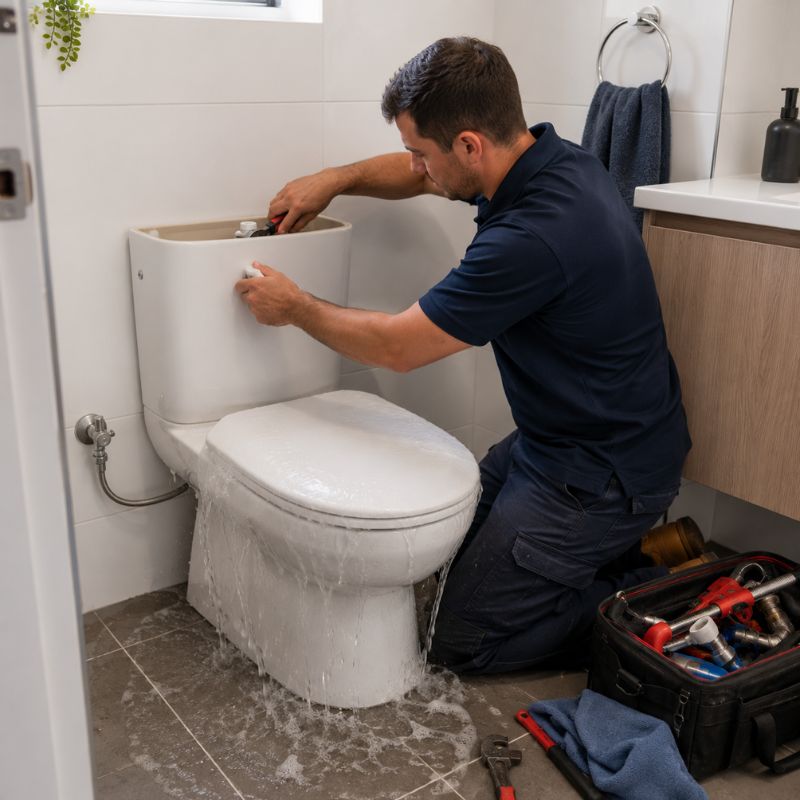 Plumber fixing an overflowing toilet in a Sydney bathroom