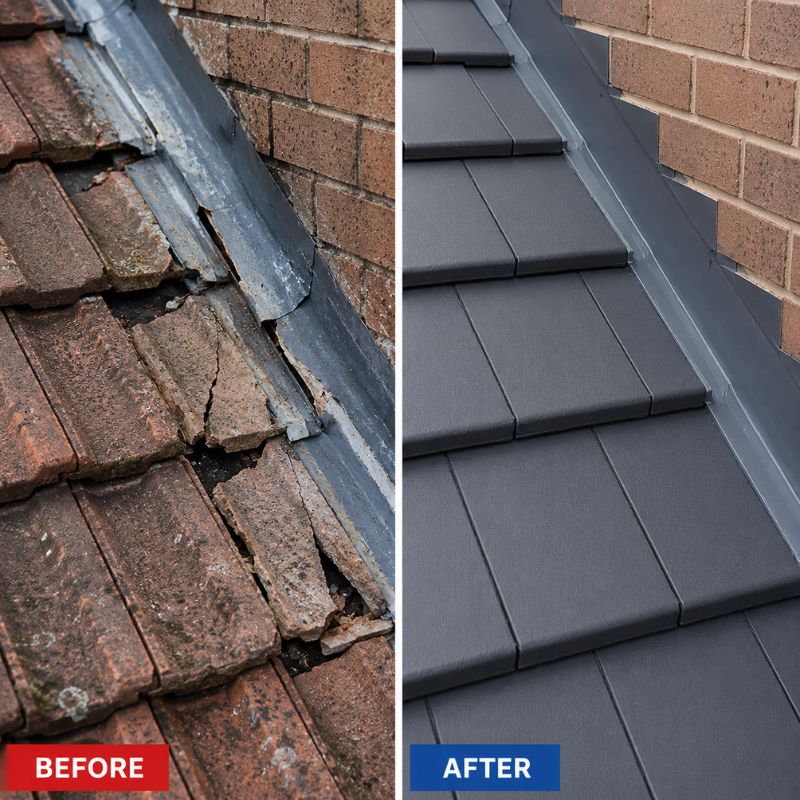 Before and after of cracked roof tiles and leaking flashing replaced with new roof tiles and resealed flashing.