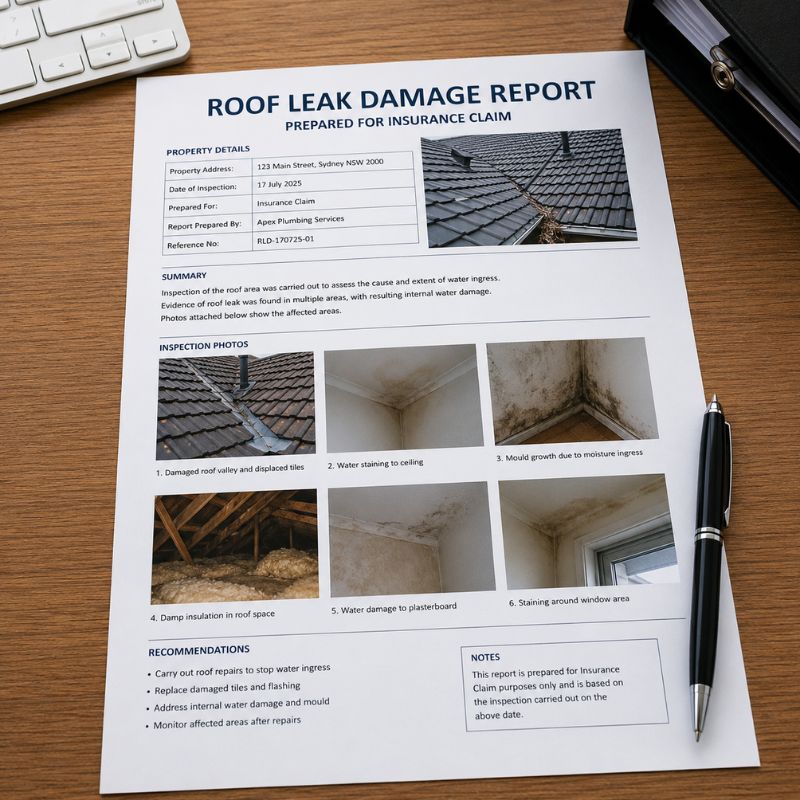 Roof leak damage report with photos prepared for an insurance claim