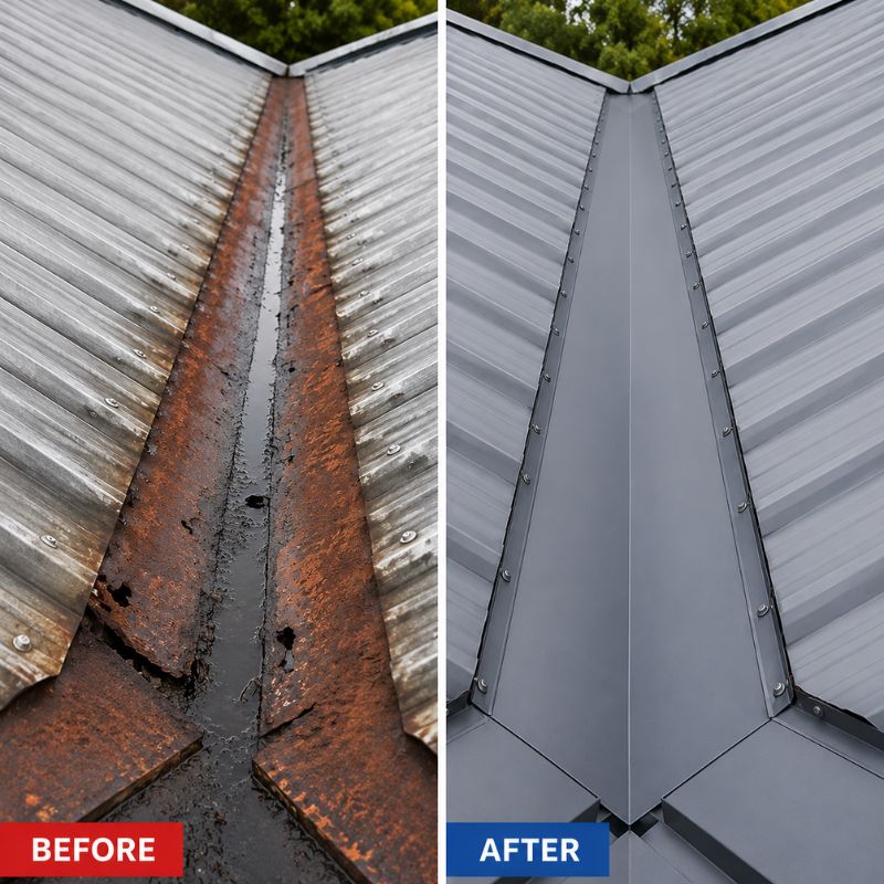 Before and after of a rusted leaking roof valley replaced with a new sealed roof valley after repair.