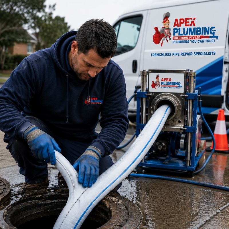 Apex technician installing a trenchless liner during pipe relining in Sydney