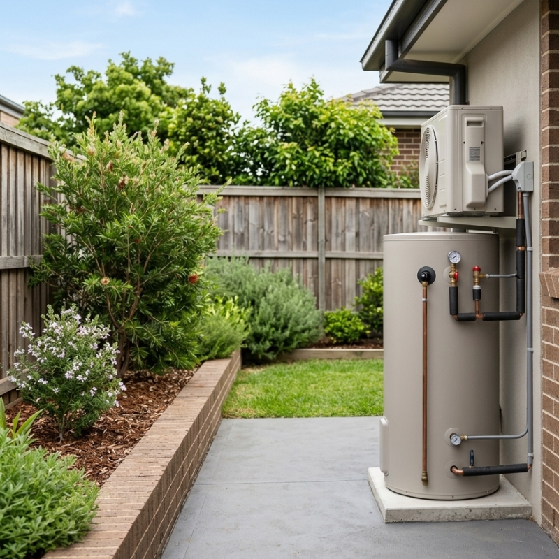 Heat pump hot water system installed outside a Sydney home