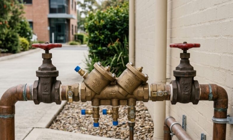 ommercial backflow prevention device connected to water supply pipe