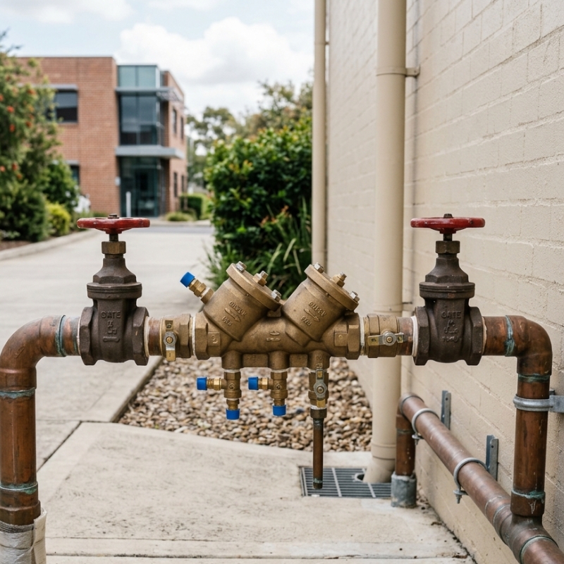 ommercial backflow prevention device connected to water supply pipe