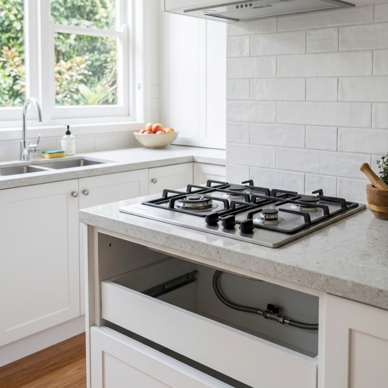Gas cooktop with a professionally installed gas connection in a Sydney home