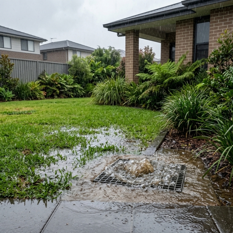 Blocked stormwater drain overflowing in a Sydney backyard during heavy rain