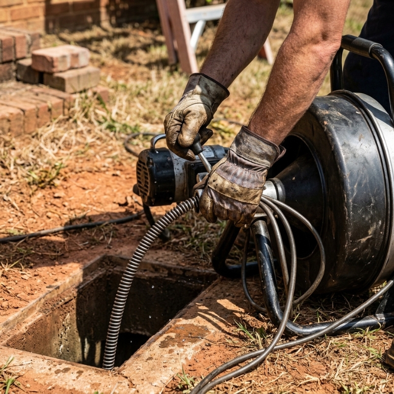 Plumber evaluating blocked drain cost sydney while feeding an electric drain snake cable into an outdoor drain opening.