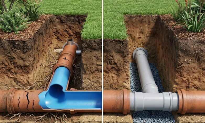 Split image comparing pipe relining vs replacement showing blue resin inserted inside cracked pipe beside new PVC pipe installation.