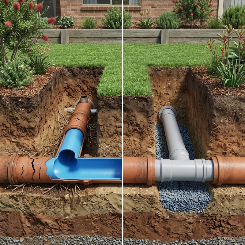 Split image comparing pipe relining vs replacement showing blue resin inserted inside cracked pipe beside new PVC pipe installation.