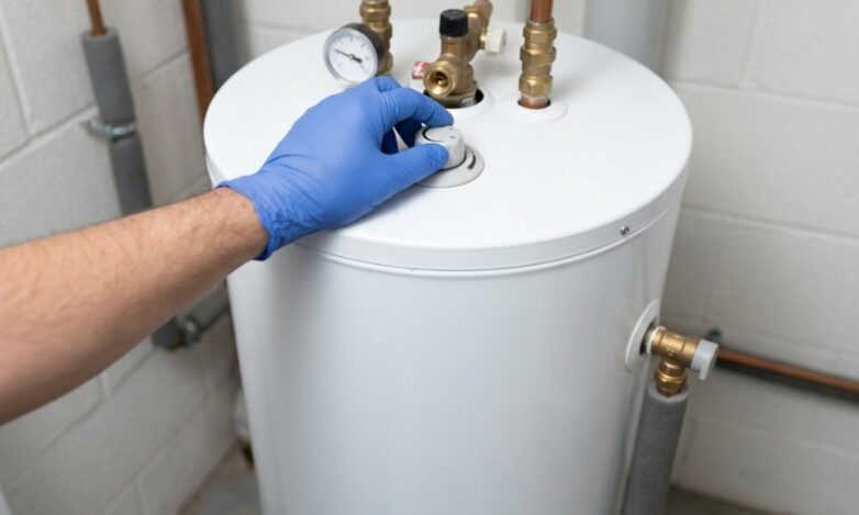 Technician adjusting temperature dial on white heater while inspecting for signs hot water system failing.