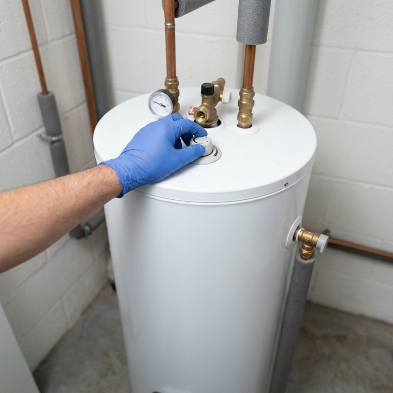 Technician adjusting temperature dial on white heater while inspecting for signs hot water system failing.