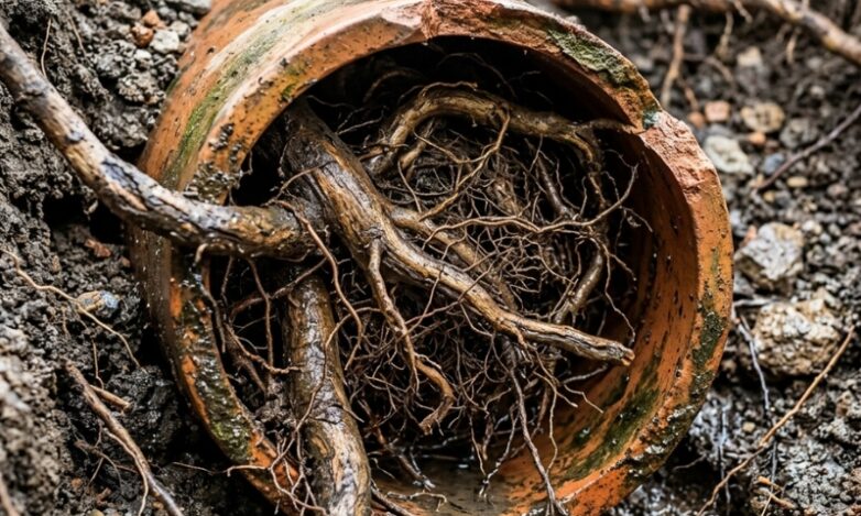 Tree roots blocking a drain pipe