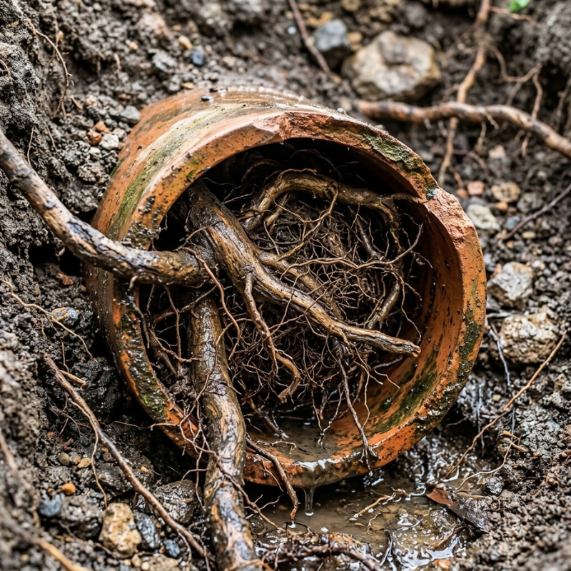 Tree roots blocking a drain pipe