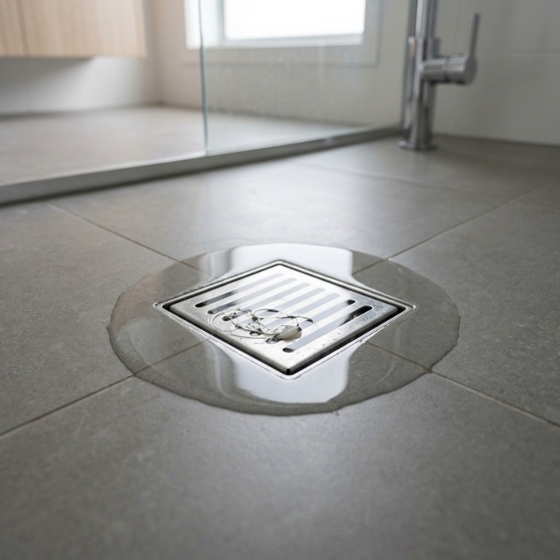 Blocked drain with standing water in a residential bathroom