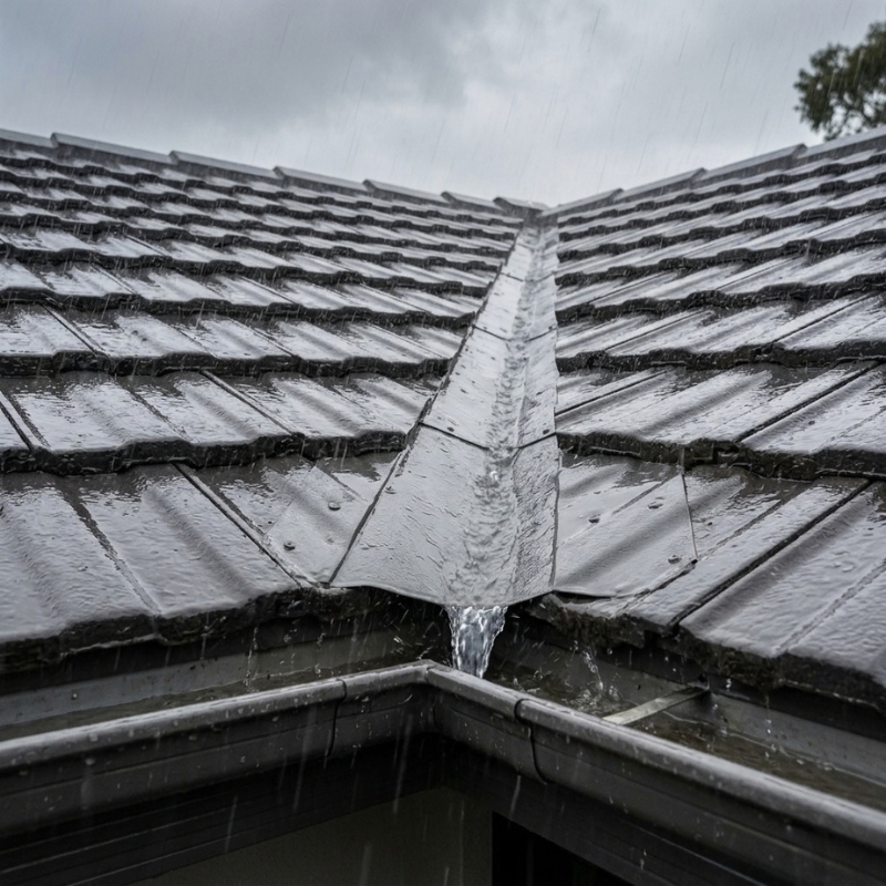 Roof flashing, valley and box gutter during heavy rain