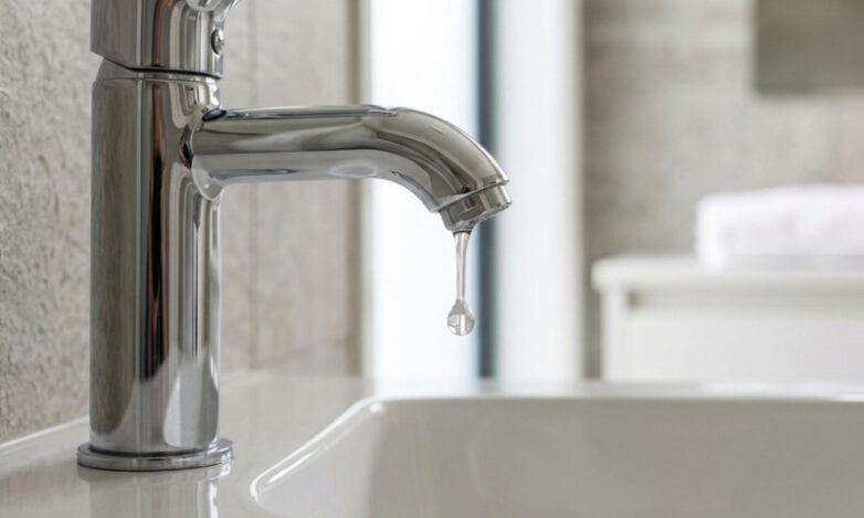 Dripping tap showing a worn washer or seal causing water to leak from the spout