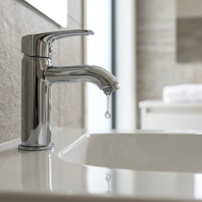 Dripping tap showing a worn washer or seal causing water to leak from the spout